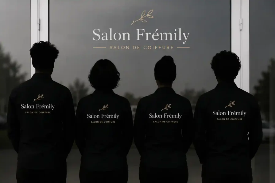 Équipe du salon de coiffure Frémily : Frédéric, Émilie et leurs deux coiffeurs à Cosne-sur-Loire